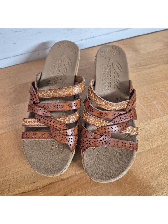 Skechers Shoes - Skechers Cali Luxe Foam Women's Tan Wedge Sandals With  Cork Heel Sz 9